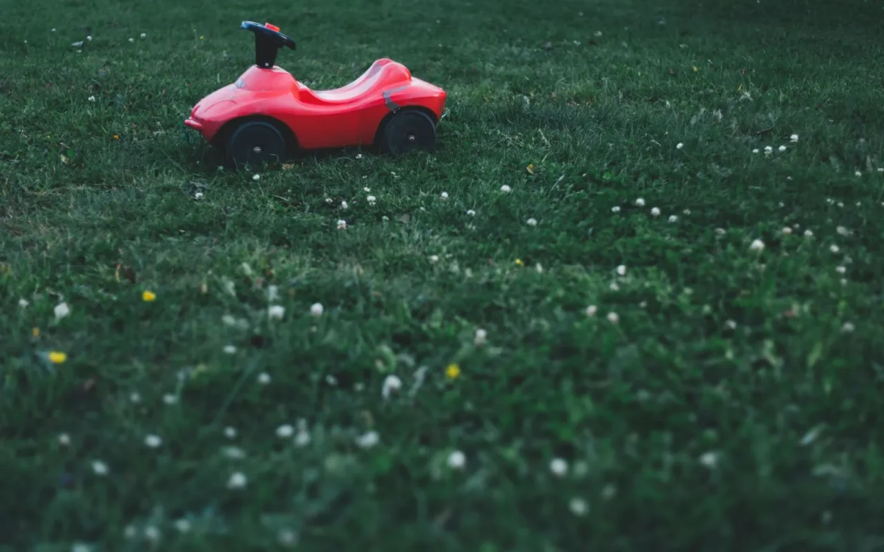 An affordable robot lawn mower cutting a simple green backyard lawn on a sunny day