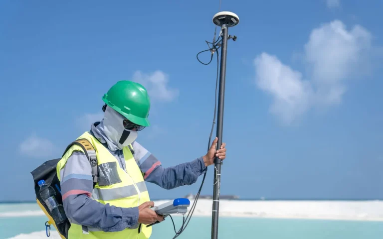 RTK GPS reference antenna mounted on a pole above a robot mower on an open lawn