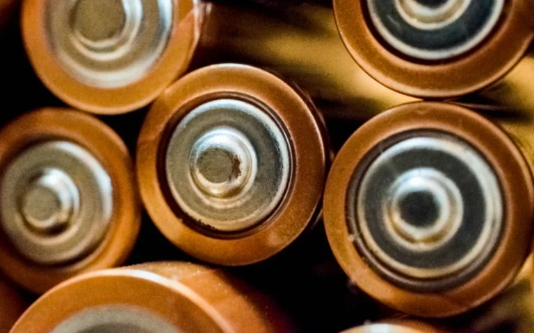 Close view of lithium-ion battery cells that power a modern robot lawn mower