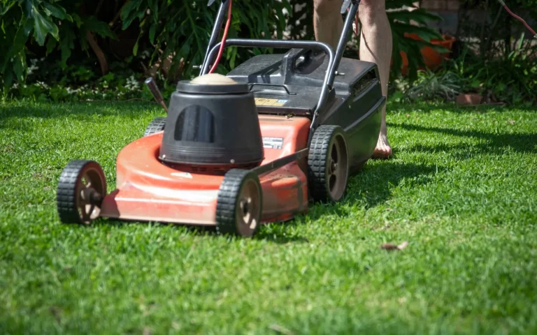 A robot lawn mower parked on a green lawn with a calculator and coins nearby suggesting cost