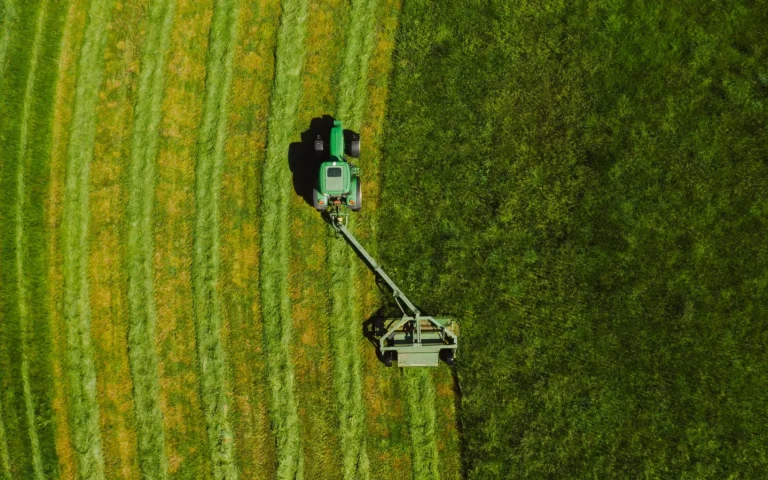 A robot lawn mower turning on green grass showing its wandering mowing path