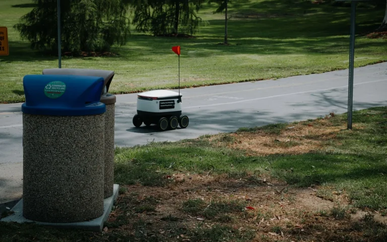 Robot lawn mower stopped in the middle of a green lawn partway through mowing