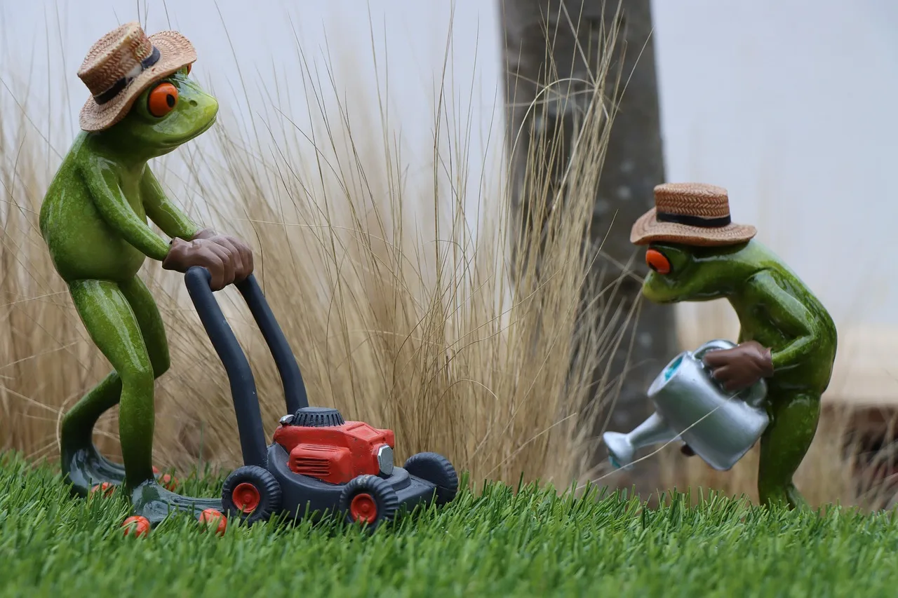 Robot lawn mower returning to its charging dock at the edge of a lawn