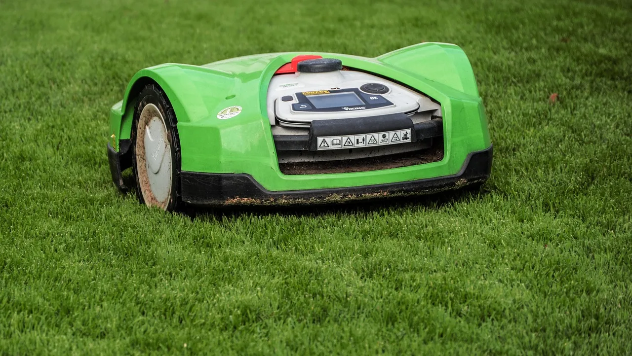 Robot mower charging dock anchored on the edge of a level green lawn