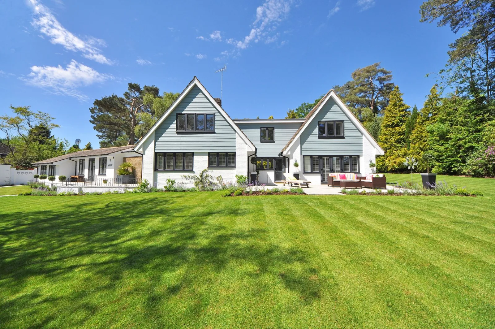 Traditional lawn with light and dark mowing stripes across it